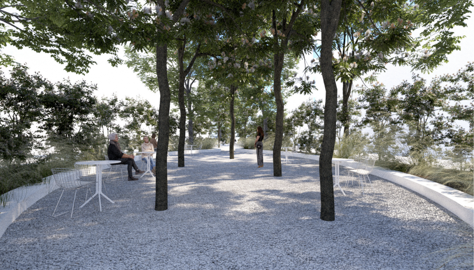 Concept rendering for Barnett Newman Triangle, to possibly include tables and chairs, a bench that wraps around the space, permeable pavement, and greenery that would act as a buffer between people and traffic. Credit: Alice Blank and Marie Stargala
